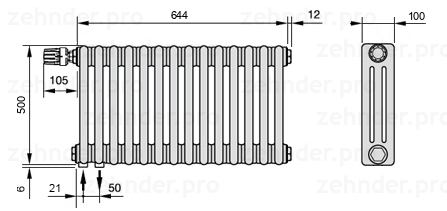 Схема (чертеж) Радиатор Zehnder Charleston 3050/14 №V001 Белый глянцевый RAL 9016
